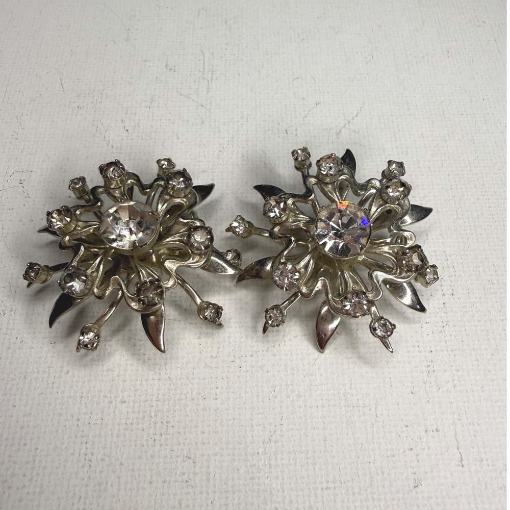 Vintage Silver Tone Starburst Brooch Set of 2 Clear Crystal Rhinestones